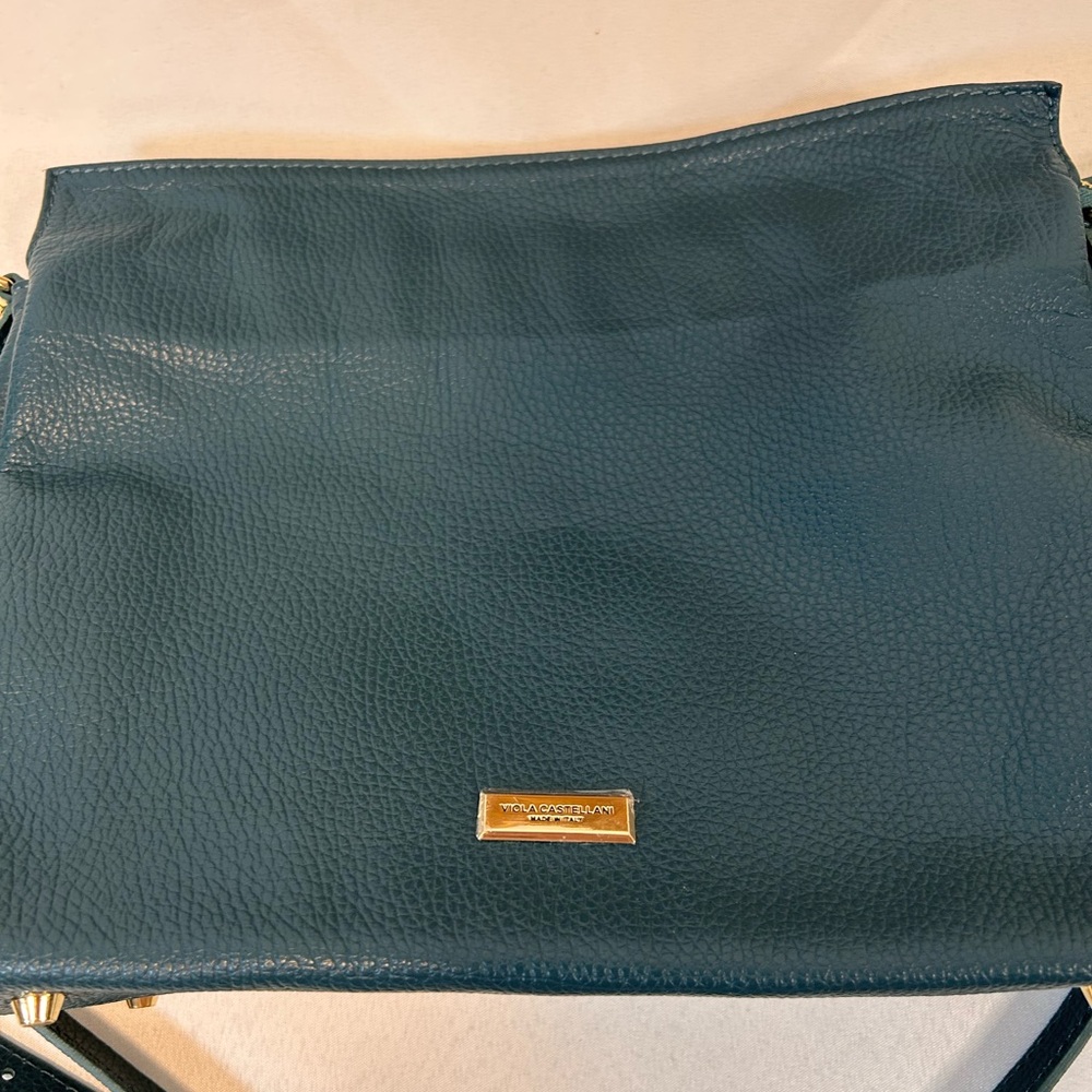 Viola Castellani Italian Genuine Leather Handbag Forest Green Gold Tone Hardware - Picture 9 of 12